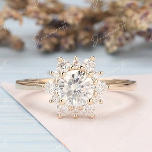 SnowFlake Halo Moissanite Ring 1.0ct Round Moissanite Engagement Ring 14K Yellow Gold Simulated Diamond Wedding Promise Ring Art Deco Ring