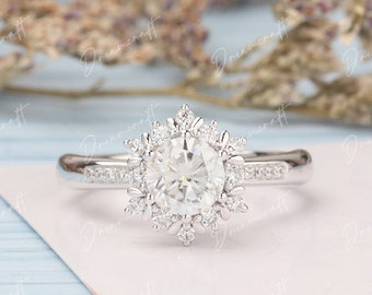 Frozen Snowflake Engagement Ring 1.0 Round Cut Moissanite Ring 14K White Gold Simulated Diamond Halo Ring Wedding Ring Unique Art Deco Ring