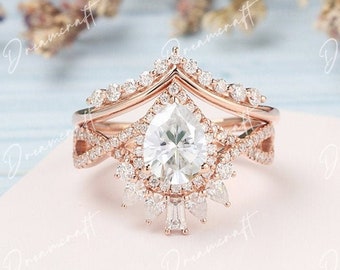 Moissanite engagement ring set Unique Pear Shape 14k Rose gold engagement ring vintage Curved Band Wedding ring Bridal Anniversary ring