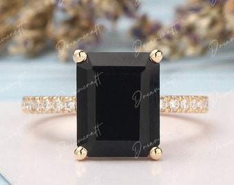 Black Onyx engagement ring Emerald cut Unique moissanite 14K Yellow gold engagement ring for women Vintage Bridal anniversary gift for her