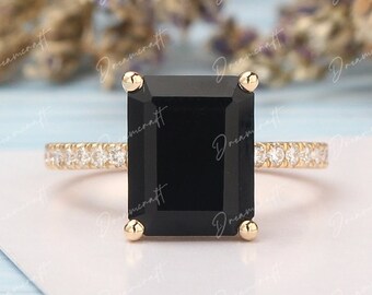 Emerald cut Black Onyx engagement ring Unique moissanite Cluster rose gold engagement ring for women Vintage Bridal anniversary gift for her