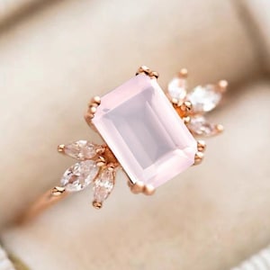 Rose quartz Engagement Ring 4ct Emerald Cut Vintage Rose Gold Engagement Cluster Ring Moissanite Bridal Ring Promise Ring Anniversary Ring