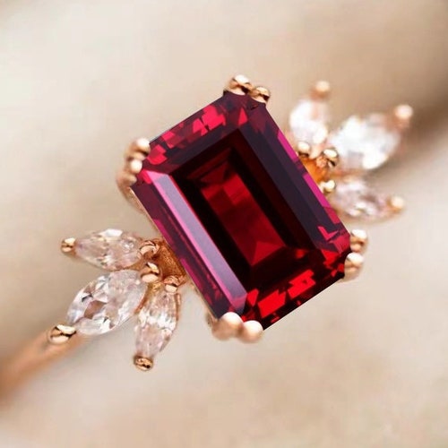 Lab Red Ruby Engagement Ring 4ct Emerald Cut Vintage Rose Gold | Etsy