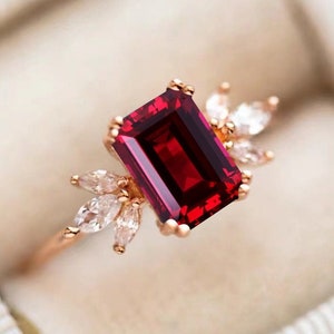 Lab Red Ruby Engagement Ring 4ct Emerald Cut Vintage Rose Gold Engagement Cluster Ring Moissanite Bridal Ring Promise Ring Anniversary 4.0ct