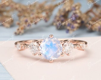 Anillo de compromiso de piedra lunar, anillo de compromiso sencillo de oro rosa de 14 quilates, anillo minimalista de moissanita único para mujeres, regalos de aniversario