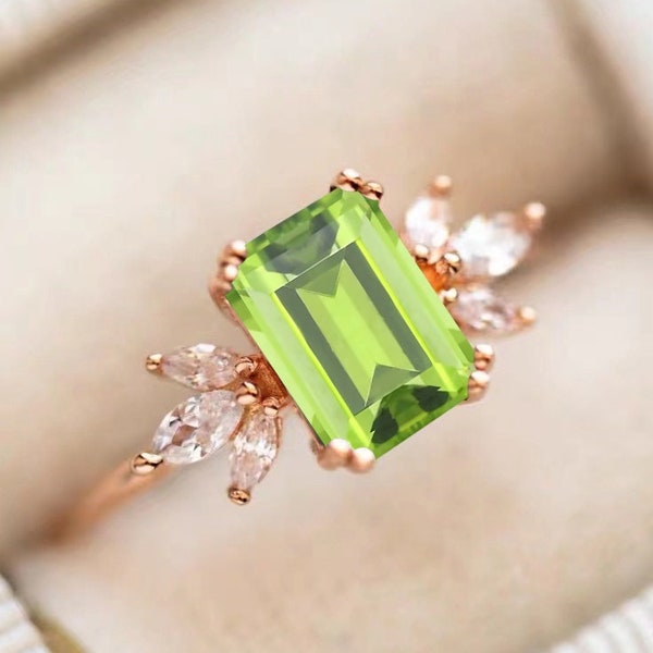Peridot Engagement Ring 4ct Emerald Cut Vintage Rose Gold Olivine  Engagement Cluster Ring Moissanite Bridal Ring Promise Ring Anniversary