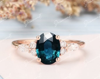 Teal Sapphire Engagement Ring Unique Oval Blue Green Sapphire Ring Solid 14k Gold Diamond / Moissanite Wedding Bridal Ring Anniversary Ring