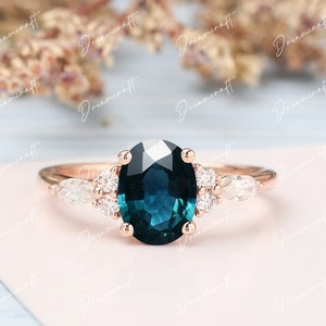 Petrol Saphir Verlobungsring Unikat Oval Blau Grün Saphir Ring Massiv 14k Gold Diamant / Moissanit Hochzeit Brautring Jahrestag Ring