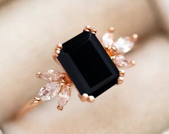 Black Onyx Engagement Ring 4ct Emerald Cut 14K Rose Gold Engagement Ring Cluster Ring Moissanite Bridal Ring Promise Ring Anniversary Gift