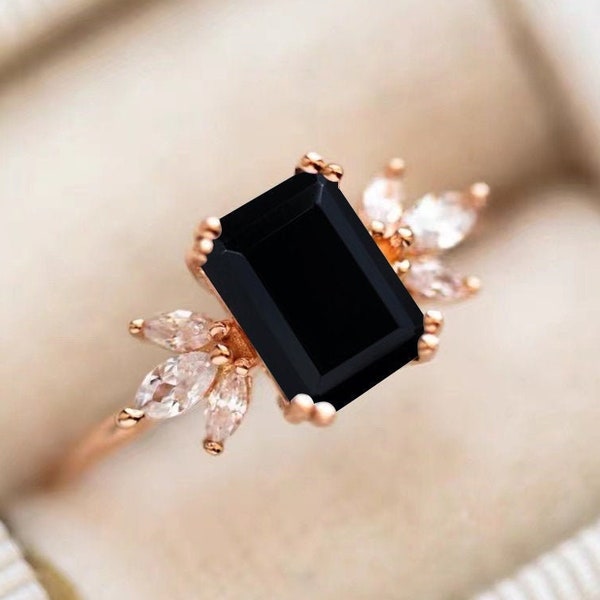 Black Onyx Engagement Ring 4ct Emerald Cut 14K Rose Gold Engagement Ring Cluster Ring Moissanite Bridal Ring Promise Ring Anniversary Gift