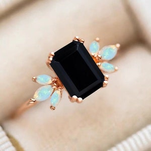 Black Onyx Engagement Ring 4ct Emerald Cut 14K Rose Gold Engagement Ring Cluster Ring Opal Bridal Ring Promise Ring Anniversary Gift Women