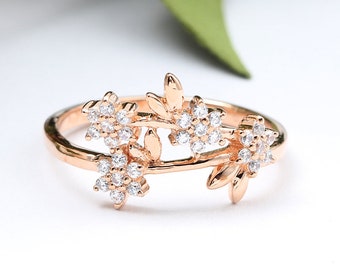 Diamond Cluster ring Rose gold engagement ring vintage moissanite engagement ring unique leaf Flower wedding Bridal ring Promise Anniversary