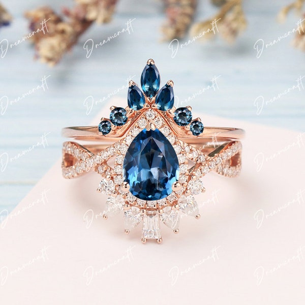 London Blue Topaz Engagement Ring Gold 14K Pear Shape Unique Engagement Ring Sets Vintage Marquise Cut Moissanite Ring Wedding Bridal Ring