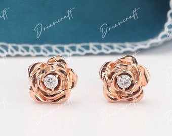 Diamond Stud Earrings / Rose Flower Earrings / Solid 14K Engagement Earrings / Unique Moissanite Earrings / Wedding Gold Earrings For Women