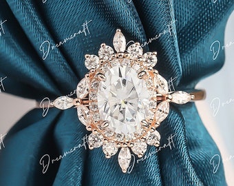 Vintage Moissanite Engagement Ring Oval Yellow Gold Ring Halo Engagement Ring Unique Moissanite Wedding Ring Bridal Ring Anniversary Ring