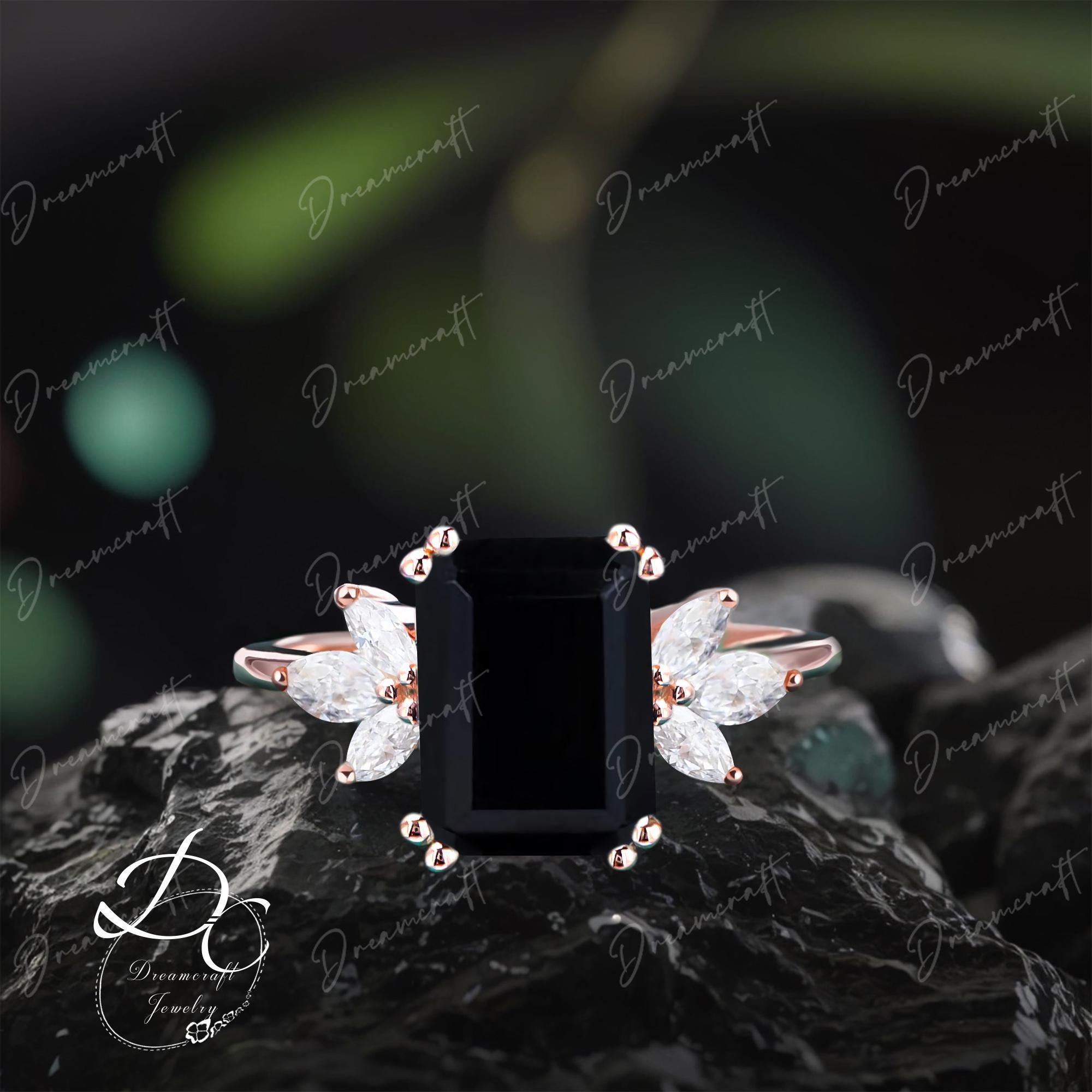 Black Onyx Engagement Ring 4ct Emerald Cut Solid 14K Gold Engagement Ring Cluster Ring Diamond Bridal Ring Promise Ring Anniversary Gift