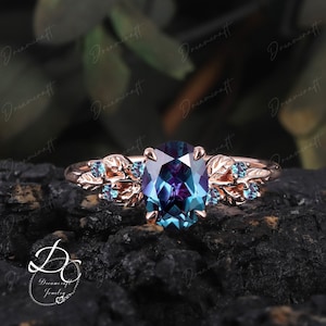 Art Deco Blatt Rose Gold Alexandrit Verlobungsring Set Natur Inspiriert Cluster Versprechen Ring Grüner Edelstein Zweig Braut Set Schmuck Geschenk Bild 5