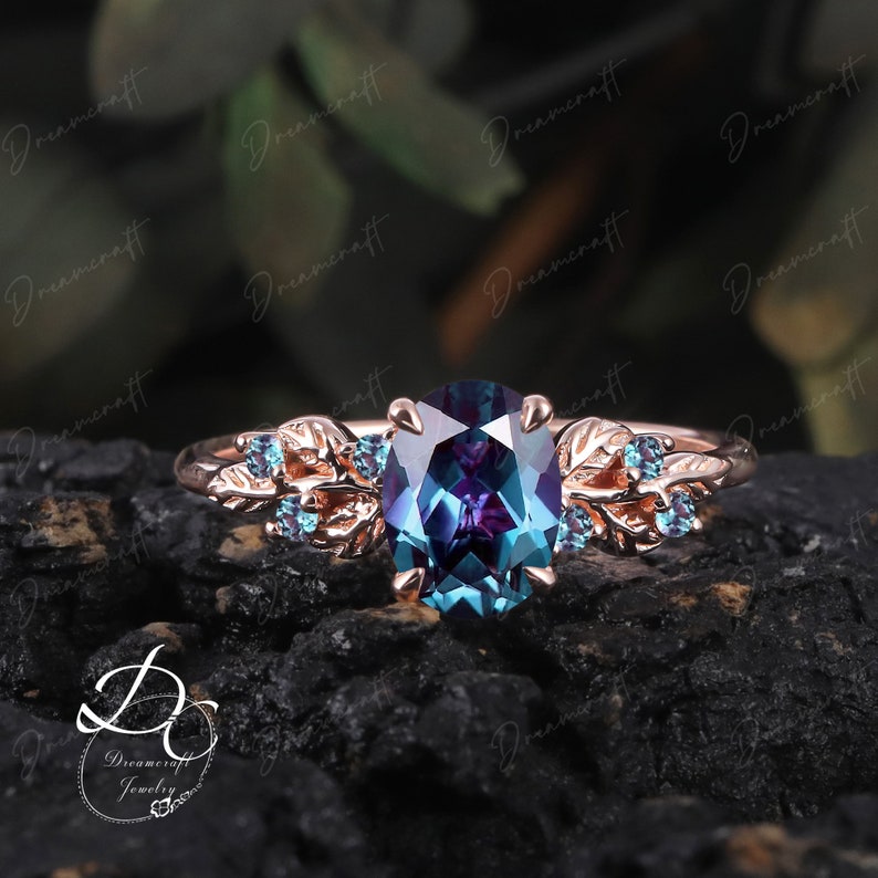 Art Deco Leaf Rose Gold Alexandrite Engagement Ring Sets Nature Inspired Cluster Promise Ring Green Gemstone Branch Bridal Set Jewelry Gift 1pcs engagement ring