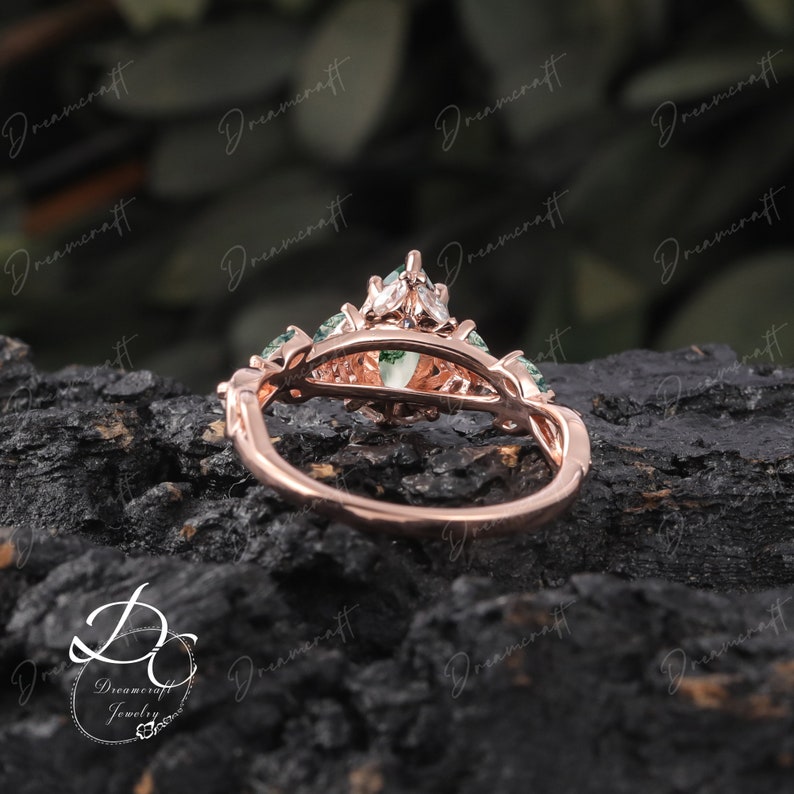 Vintage Marquise Moss Agate Engagement Ring Unique Promise Ring For Her Rose Gold Art Deco Leaf Gemstone Branch Nature Inspired Cluster Ring image 8