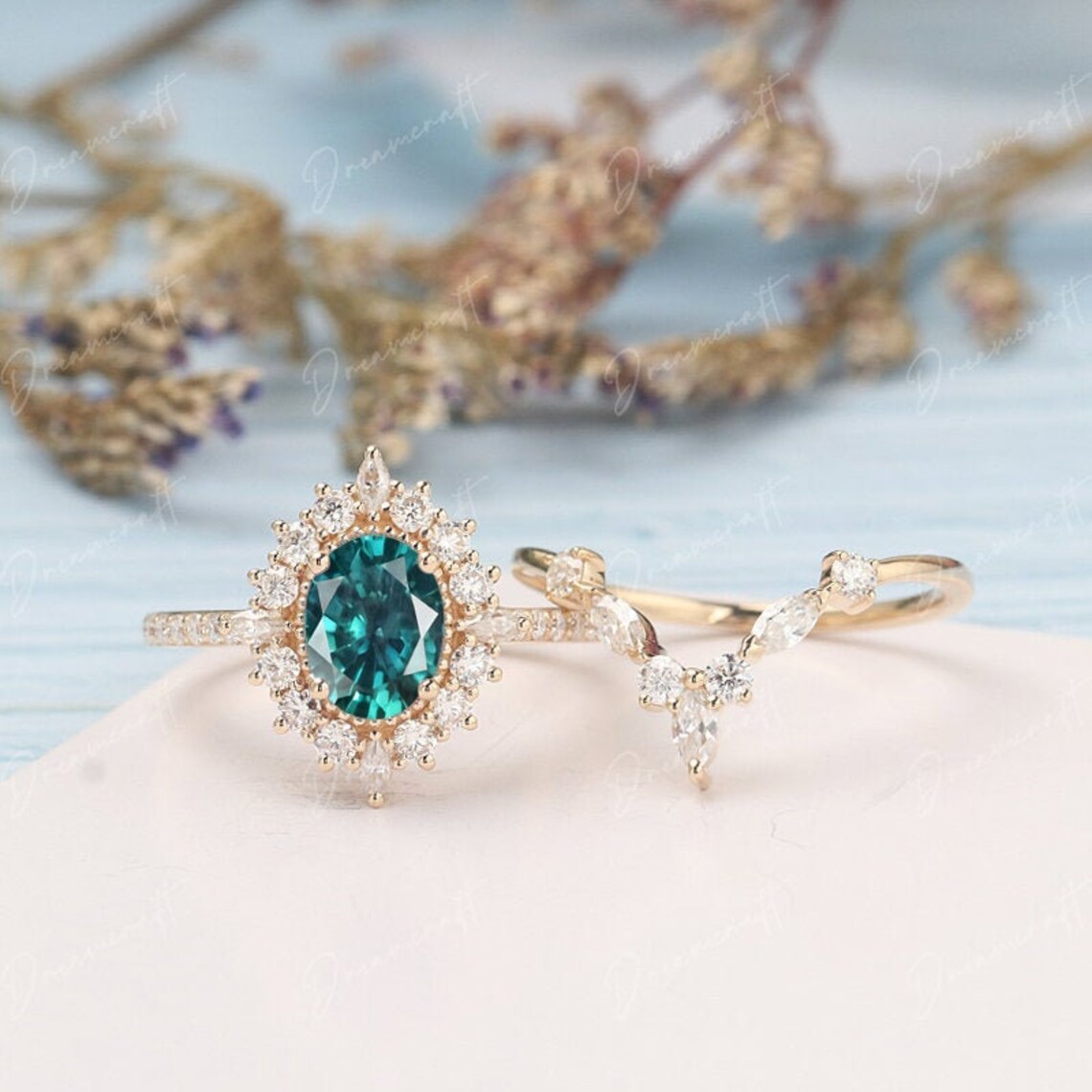 Teal Sapphire Engagement Ring sets solid Gold Vintage Oval Etsy