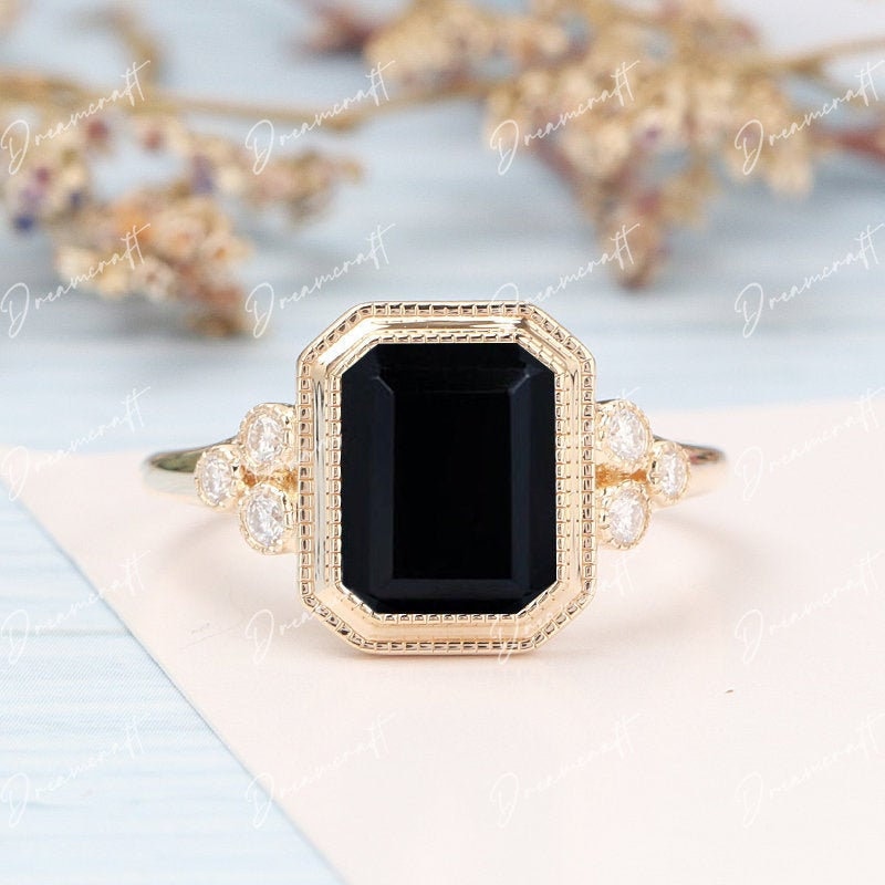 Black Onyx Engagement Ring Emerald Cut 4CT Yellow Gold | Etsy