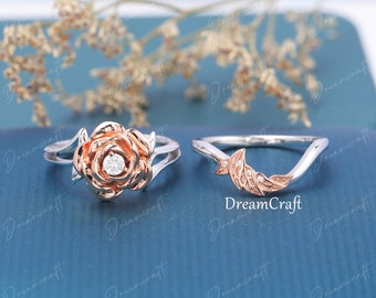 Diamond engagement ring set Unique art deco Flower Rose Gold flower moissanite engagement ring vintage leaf diamond Bridal Anniversary gift