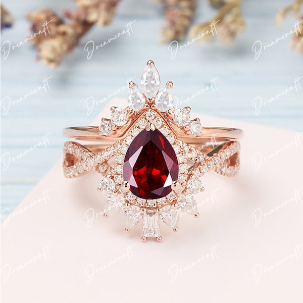 Garnet Engagement Ring Rose Gold Solid 14K Pear Shape Unique Engagement Ring Sets Vintage Marquise Cut Moissanite Ring Wedding Bridal Ring