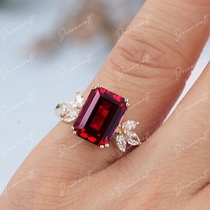 Lab Red Ruby Engagement Ring 4ct Emerald Cut Vintage Rose Gold Engagement Cluster Ring Moissanite Bridal Ring Promise Ring Anniversary image 8