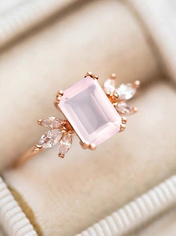Rose Quartz Engagement Ring 4ct Emerald Cut Vintage Rose Gold