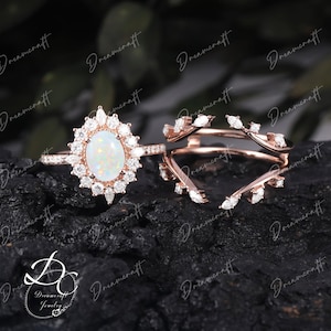 Vintage Natürlicher Opal Verlobungsring Set OvalSchliff Opal Diamant Unikat Ring Rosegold Ring Trauring Brautring Sets Jahrestag Ring