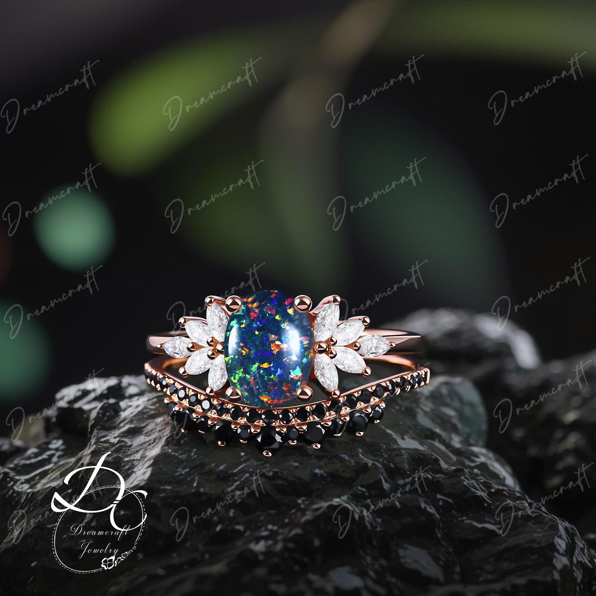 Oval Fire Black Opal Engagement Ring Sets Art Deco Black Gold