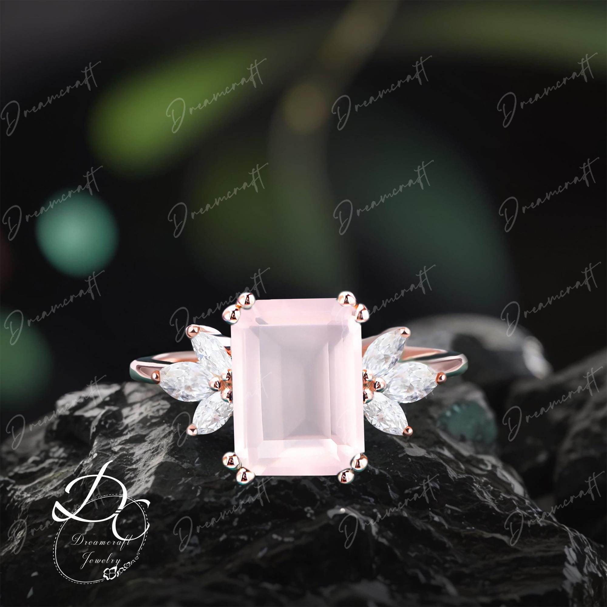 Rose quartz Engagement Ring 4ct Emerald Cut Vintage Rose Gold Engagement Cluster Ring Moissanite Bridal Ring Promise Ring Anniversary Ring