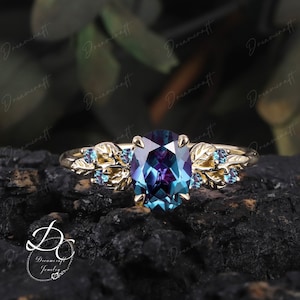 Art Deco Leaf Rose Gold Alexandrite Engagement Ring Sets Nature Inspired Cluster Promise Ring Green Gemstone Branch Bridal Set Jewelry Gift image 8
