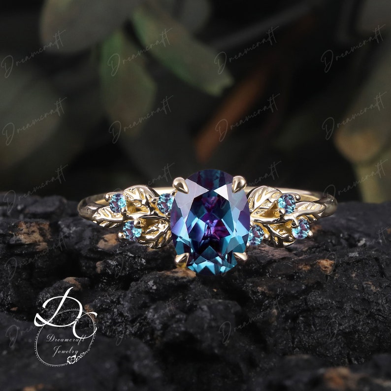 Art Deco Leaf Rose Gold Alexandrite Engagement Ring Sets Nature Inspired Cluster Promise Ring Green Gemstone Branch Bridal Set Jewelry Gift image 8