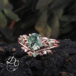 Art Deco Leaf Rose Gold Moss Agate Engagement Ring Sets Nature Inspired Cluster Promise Ring Green Gemstone Branch Bridal Set Jewelry image 4