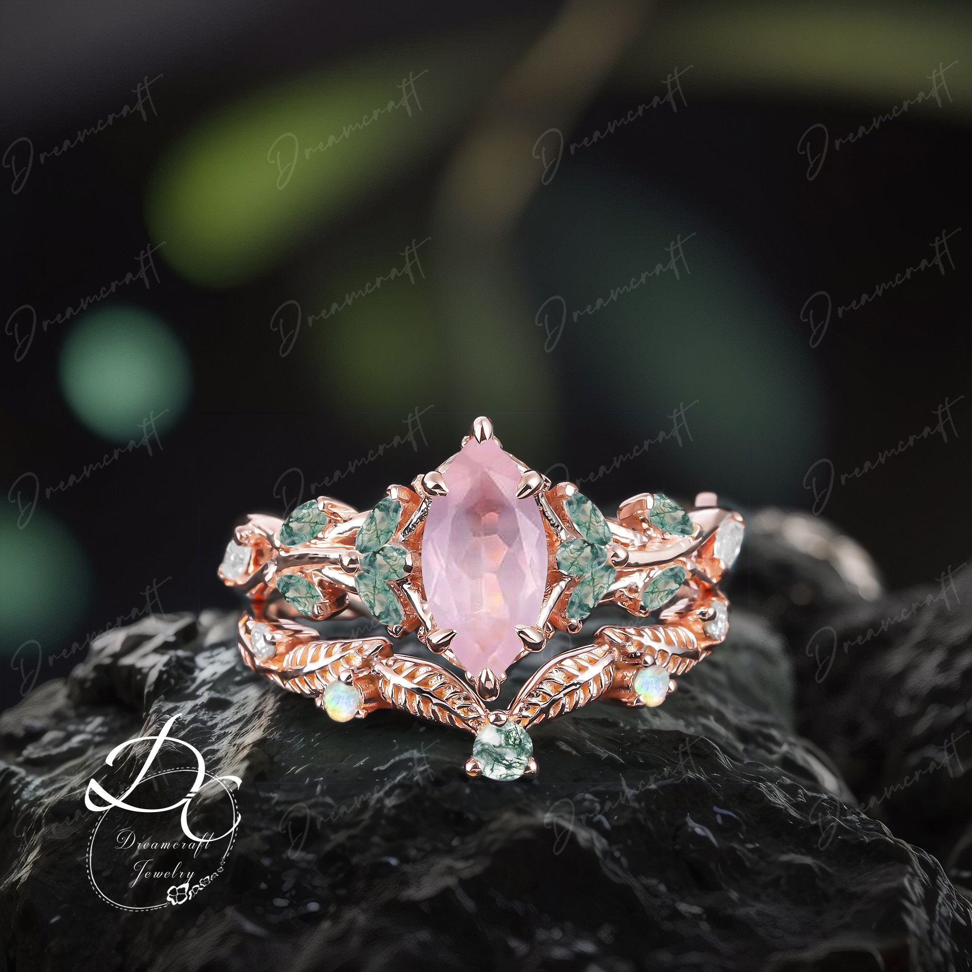 Vintage Marquse Cut Rose Quartz Engagement Ring Sets Nature Inspired Cluster Promise Ring Rose Gold Art Deco Leaf Pink Gemstone Branch Ring