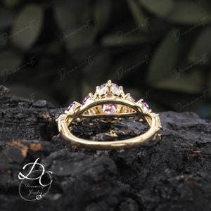 Vintage Oval Lavender Amethyst Engagement Ring Unique Cluster Promise Ring For Her Gold Art Deco Leaf Gemstone Branch Nature Inspired Ring image 8