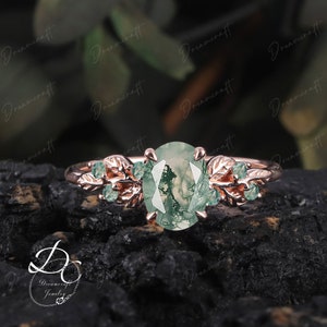 Art Deco Leaf Rose Gold Moss Agate Engagement Ring Sets Nature Inspired Cluster Promise Ring Green Gemstone Branch Bridal Set Jewelry 1pcs engagement ring