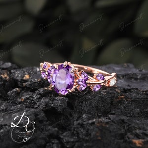 Vintage Oval Lavender Amethyst Engagement Ring Unique Cluster Promise Ring For Her Gold Art Deco Leaf Gemstone Branch Nature Inspired Ring Amethyst