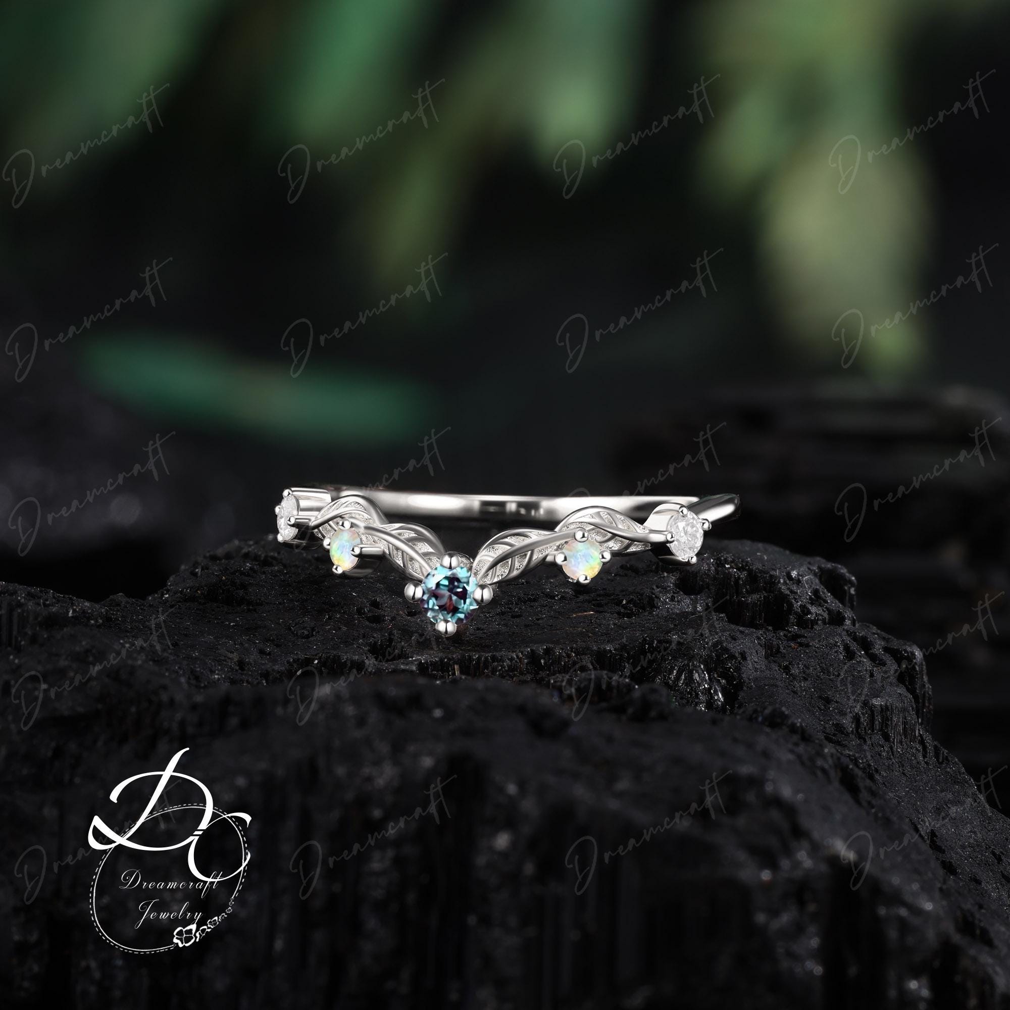 Vintage Alexandrite Wedding Band Rose Gold Leaf Curved Wedding