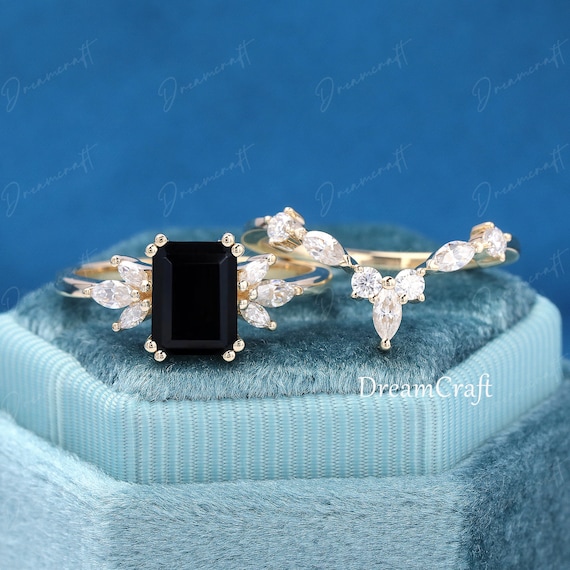 Black Onyx Engagement Ring Set Emerald Cut Engagement Ring Solid