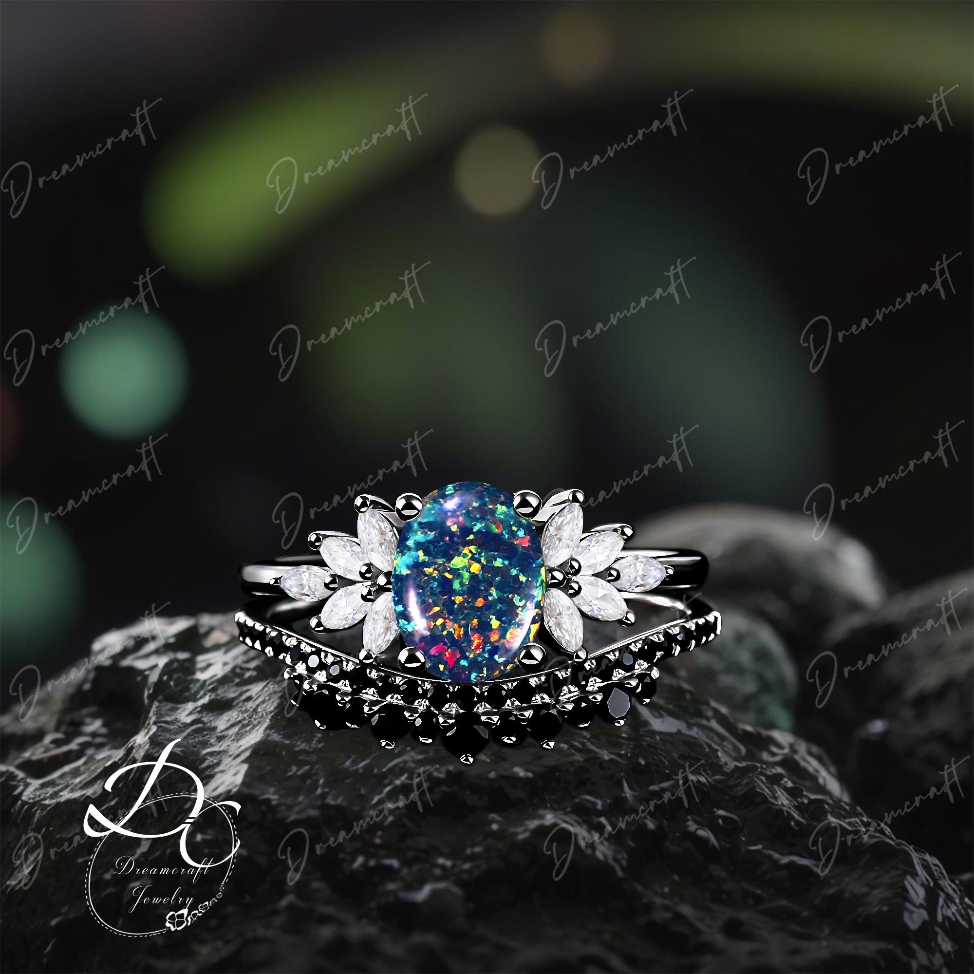 Oval Fire Black Opal Engagement Ring Sets Art Deco Black Gold