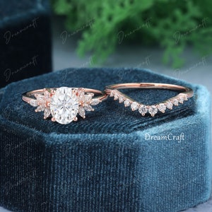 Unique oval moissanite engagement ring sets vintage rose gold ring cluster diamond engagement ring moissanite wedding ring women bridal ring