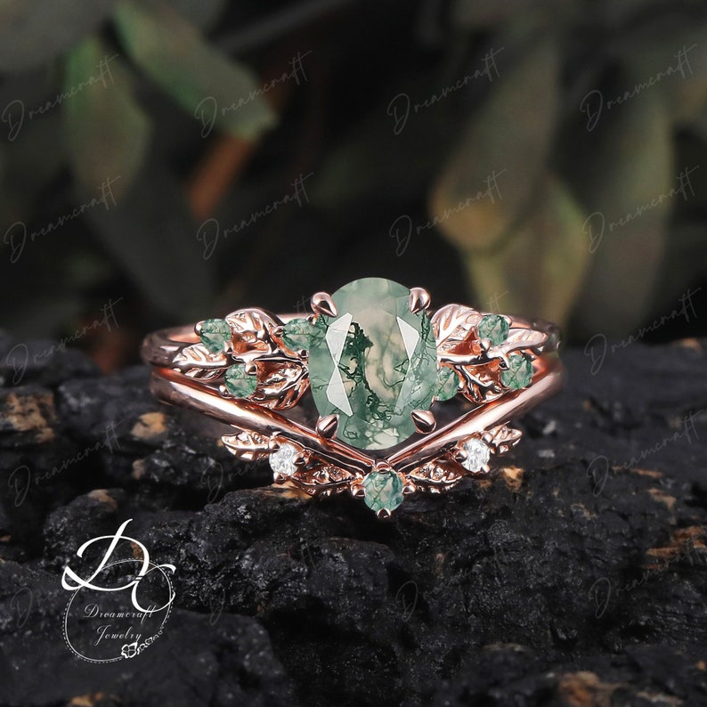 Art Deco Leaf Rose Gold Moss Agate Engagement Ring Sets Nature Inspired Cluster Promise Ring Green Gemstone Branch Bridal Set Jewelry 2pcs bridal sets
