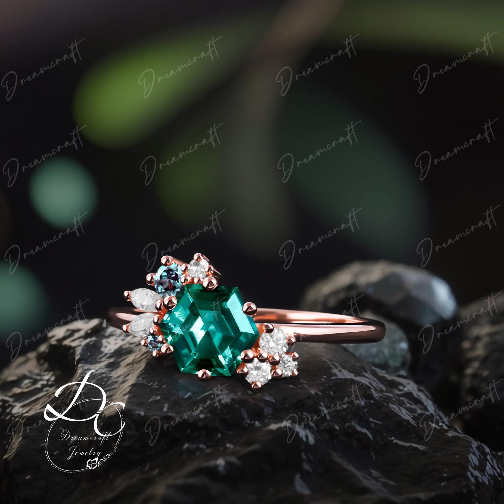 ヴィンテージ ヘキサゴンカット エメラルド リング ローズゴールド