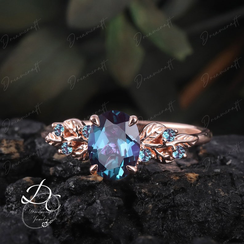 Art Deco Leaf Rose Gold Alexandrite Engagement Ring Sets Nature Inspired Cluster Promise Ring Green Gemstone Branch Bridal Set Jewelry Gift image 6