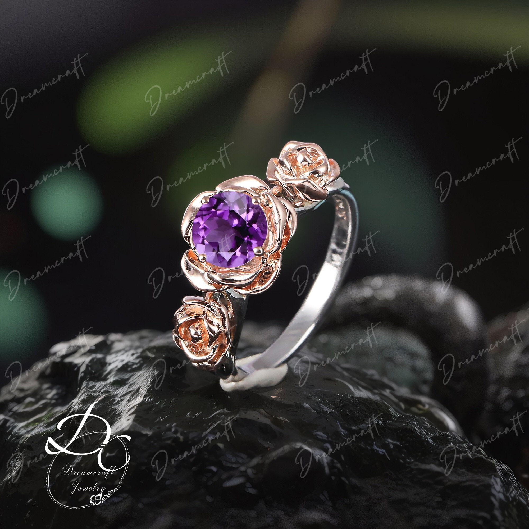 Rapunzel Fairy Tales Anniversary Ring Natural Amethyst Rose Flower
