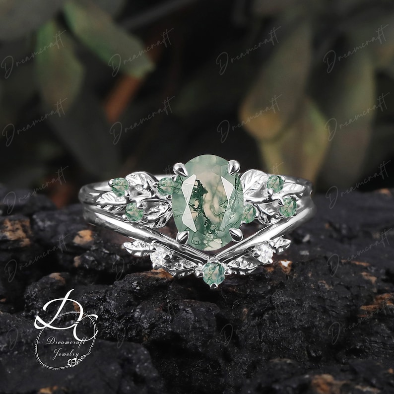 Art Deco Leaf Rose Gold Moss Agate Engagement Ring Sets Nature Inspired Cluster Promise Ring Green Gemstone Branch Bridal Set Jewelry image 10