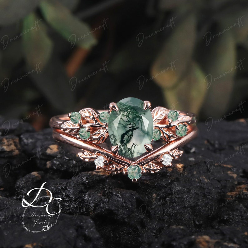 Art Deco Leaf Rose Gold Moss Agate Engagement Ring Sets Nature Inspired Cluster Promise Ring Green Gemstone Branch Bridal Set Jewelry image 1