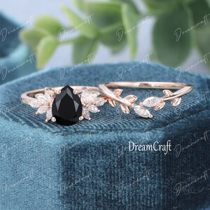 Vintage Black onyx engagement ring set pear shape rose gold Unique Cluster engagement ring Art Deco ring Diamond Bridal Promise ring women